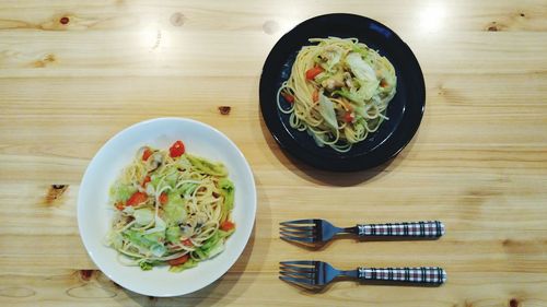 High angle view of meal served on table