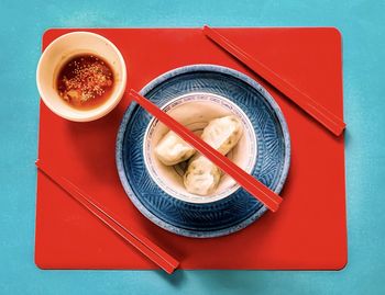 High angle view of meal served on table