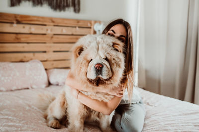 Portrait of dog relaxing on bed at home