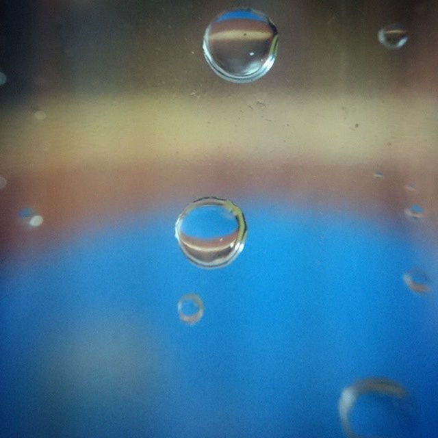 drop, water, transparent, blue, bubble, indoors, glass - material, wet, close-up, glass, fragility, window, droplet, illuminated, reflection, purity, rain, water drop, raindrop, backgrounds
