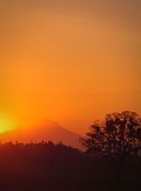 Silhouette trees on landscape against romantic sky at sunset