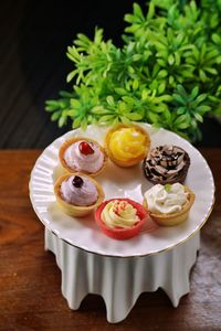 High angle view of dessert on table