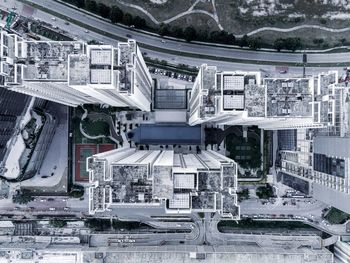 High angle view of buildings in city during winter