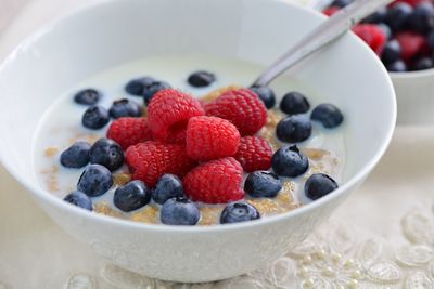 Bowl of yoghurt with raspberry