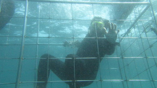 Reflection of man in swimming pool