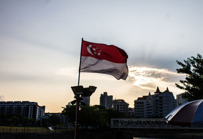 Red flag against sky in city