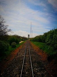 Railroad track amidst trees against sky