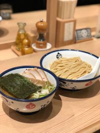 High angle view of food in plate on table