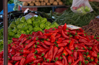 Close-up of red chili peppers for sale