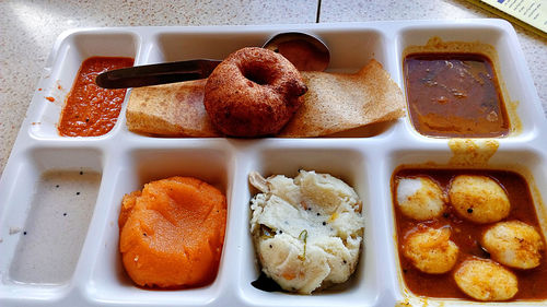 High angle view of breakfast in plate