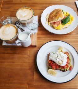 High angle view of breakfast served on table