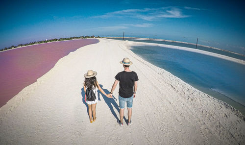 Rear view of couple on beach against sky