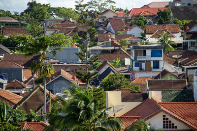 High angle view of houses in town