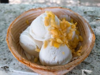 High angle view of ice cream in bowl