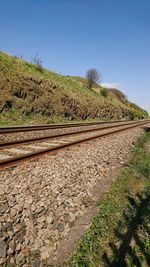 Railroad track amidst field against clear blue sky