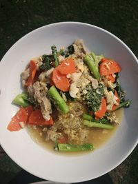 High angle view of salad in bowl on table