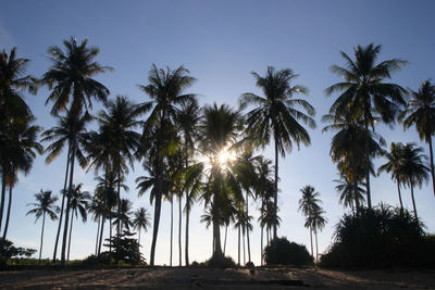 The view on a beach with sea, blue sky and white sand on a sunny day.