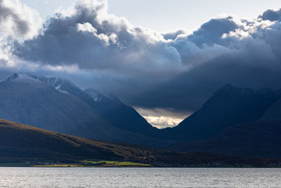 Scenic view of lake and mountains against sky