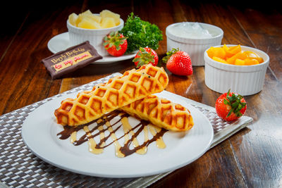 High angle view of food in plate on table