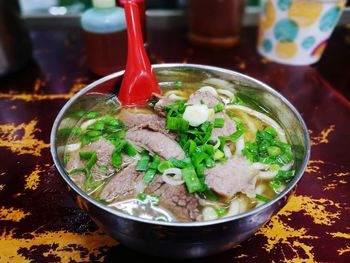 Close-up of soup in bowl on table