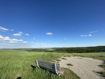 Scenic view of field against blue sky