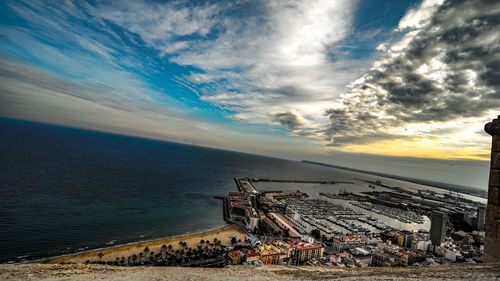 High angle view of beach against sky during sunset