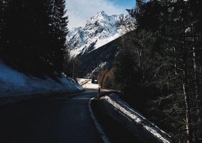 Close-up of road by trees against sky