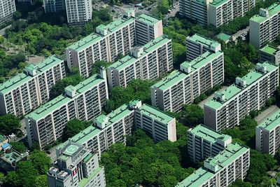 High angle view of modern buildings in city