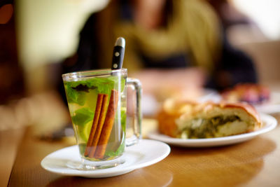 Close-up of tea in glass on table