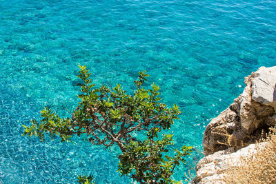 High angle view of rocks by sea