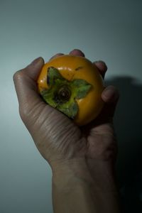 Close-up of hand holding fruit against white background