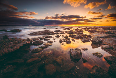 Aerial view of sea against sky at sunset