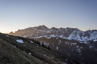 Scenic view of snowcapped mountains against clear sky