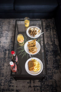 High angle view of breakfast served on table