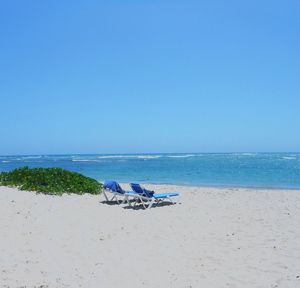 Scenic view of beach against clear blue sky