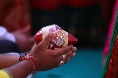 Close-up of woman hand holding red leaf