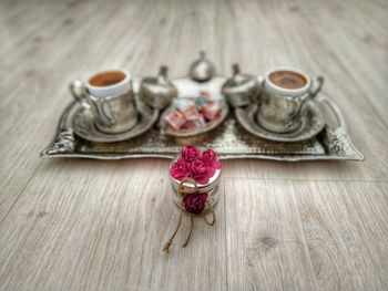 High angle view of roses on table