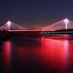 Illuminated bridge over calm river at night