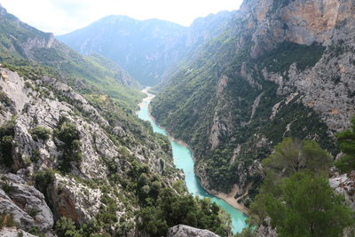 Scenic view of river amidst mountains against sky