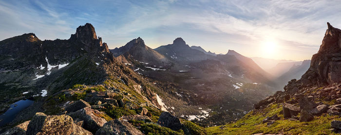 Panoramic view of landscape and mountains against sky