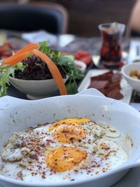 Close-up of breakfast served on table