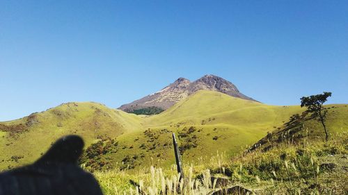 Scenic view of mountain against clear blue sky