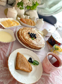 High angle view of breakfast served on table