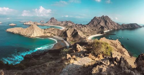 Panoramic view of sea and rocks against sky