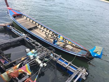 High angle view of fishing boats moored in sea