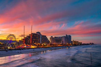 Buildings by river against sky during sunset