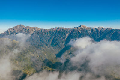 Scenic view of mountains against clear blue sky