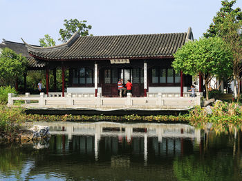 Exterior of temple by trees against sky