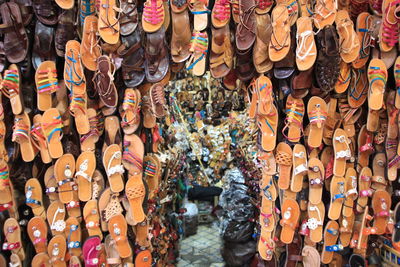 Full frame shot of sandals for sale at market