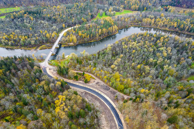 Aerial view from drone of road intersecting river among autumn forests in yellow green gold colors